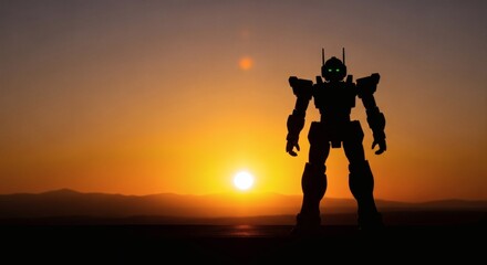 Fototapeta premium Silhouette robot standing against vibrant sunset landscape