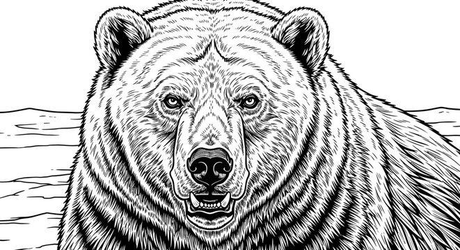 Close up illustration of a grizzly bear with detailed fur and facial features