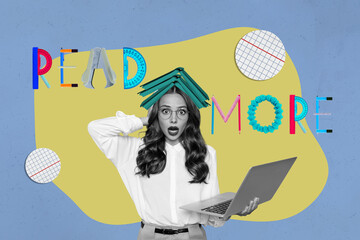Obraz premium Pop art full zine photo collage of happy girl guy hold book head library academic education learner pencil ruler read more letters