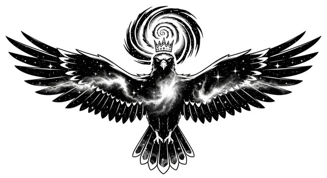 Cosmic eagle illustration with crown and galaxy wings isolated design