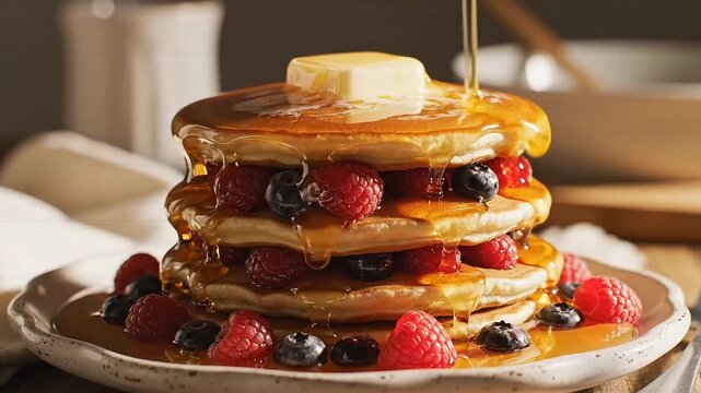 Delicious Pancakes with Berry Topping and Maple Syrup for Breakfast