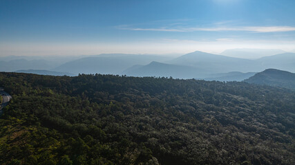 Fototapeta premium A breathtaking aerial view of sunrise at Phu Ruea National Park in Loei, Thailand, featuring golden morning light illuminating pine trees and rolling mountain ranges under a colorful sky.