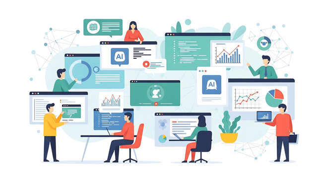 Diverse team collaborating on data analysis, software development, and AI integration across multiple digital interfaces, showcasing modern business technology workflows and innovation