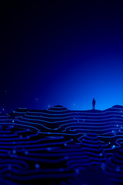 3D neon contour landscape with silhouette on glowing line
