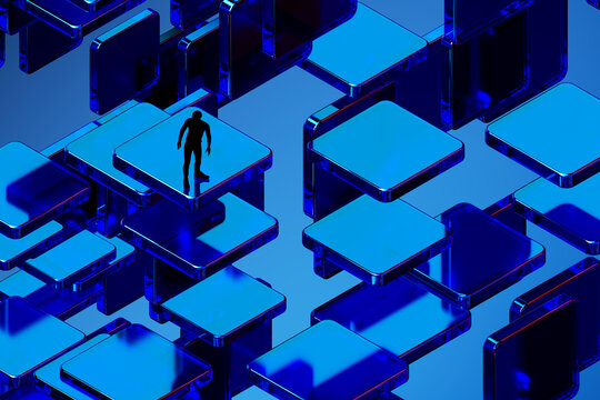 3D floating cube grid with lone figure on blue platform