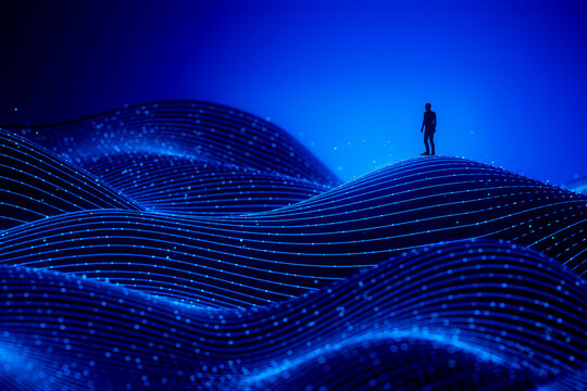 3D data terrain figure above luminous blue wave landscape