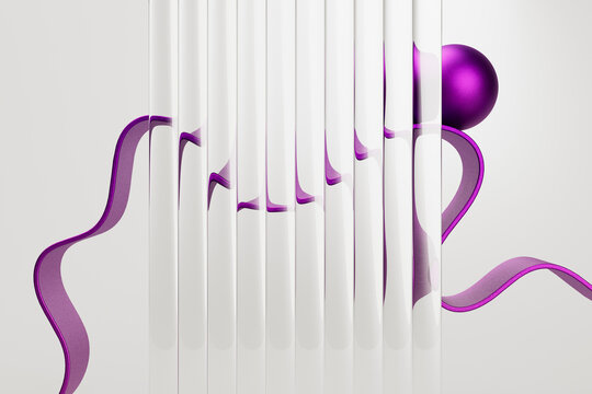 3D curtain ribbon sphere behind glass panel composition