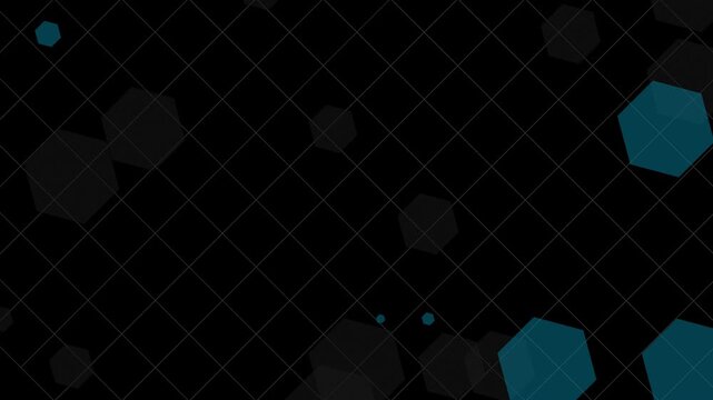 Abstract animation with cyan hexagon geometric shapes. Geometric hexagonal graphic motion animation. Seamless looped dark backdrop