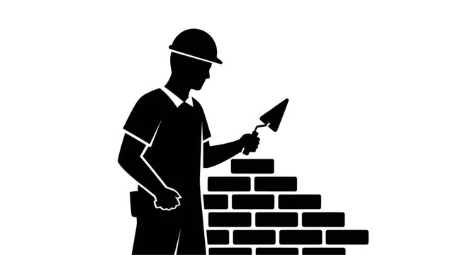 Black silhouette of a construction worker building a brick wall with a trowel