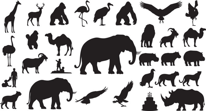 Collection of black animal silhouettes isolated on white background