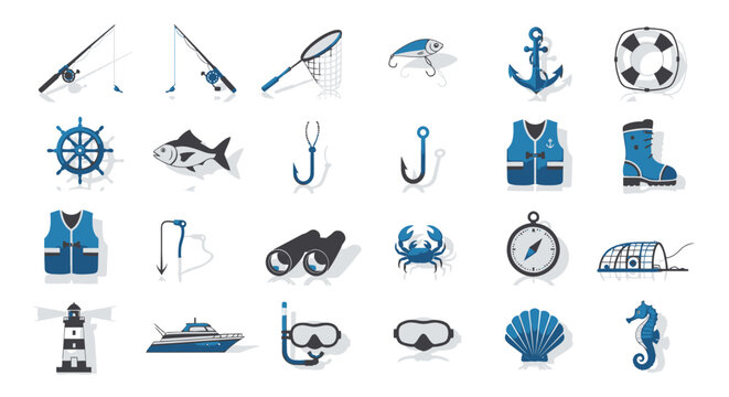 Fishing equipment and marine objects icons set on white background