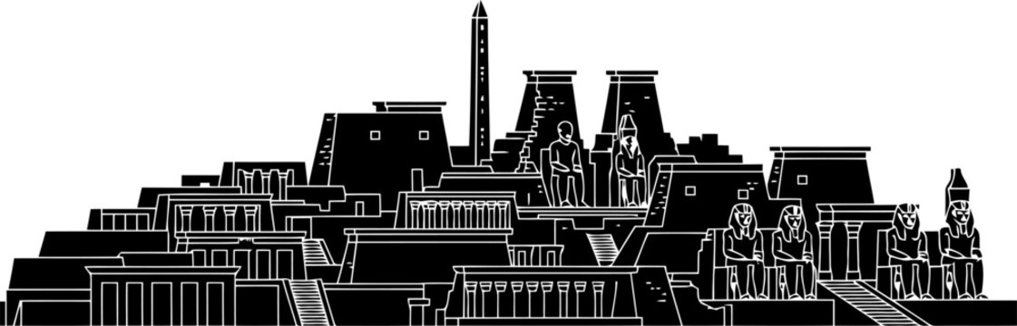 Thebes city silhouette with massive temple complexes, tall obelisks, and statues.