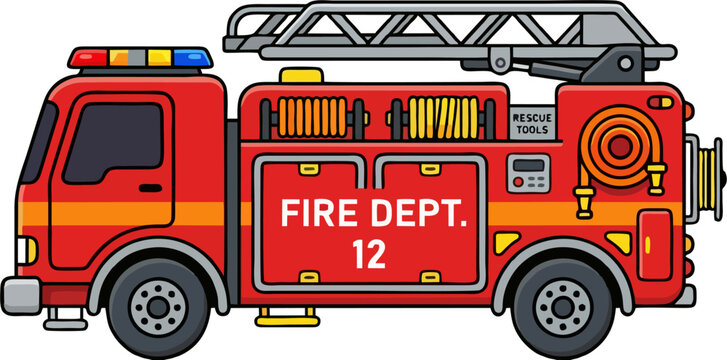 Fire Department Truck Cartoon Vector Illustration &mdash; Red Firetruck Side View with Ladder, Fire Hose, Rescue Tools and Emergency Lights Flat Design