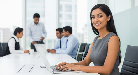 Fototapeta premium Smiling Indian Businesswoman Working on Laptop in Modern Office