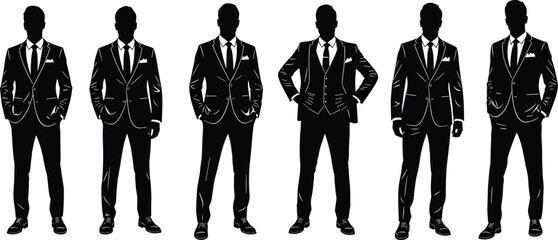 Silhouette illustration of six professional business people in formal suits, standing upright with varied postures, representing corporate identity, professionalism, and elegant workplac. © iTZ mE
