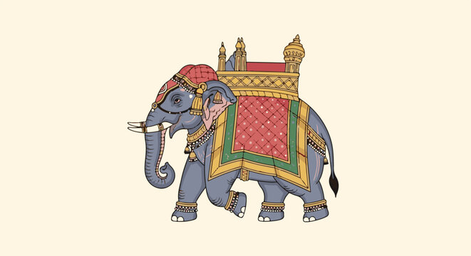 Ornate elephant with saddle and ceremonial headwear, walking