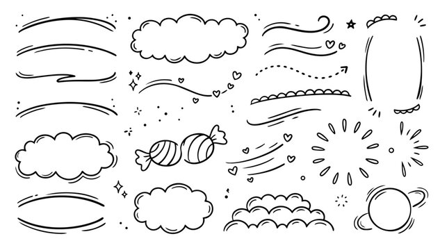 Hand drawn doodle cute kawaii accent strokes set, playful sketchy ink pen marks, expressive vector elements, isolated on white background