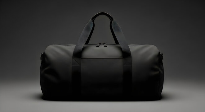 A black duffel bag with two handles on a gray background