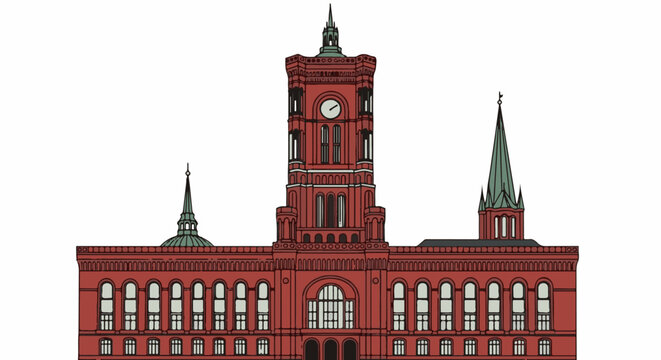 Ornate red brick building with a central clock tower and two spires