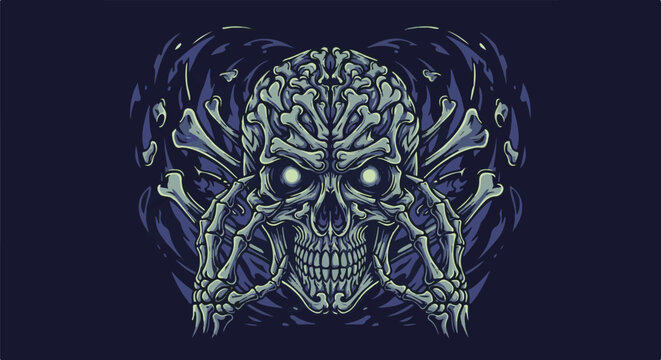 Ominous skeletal brain with glowing eyes and crossed bones