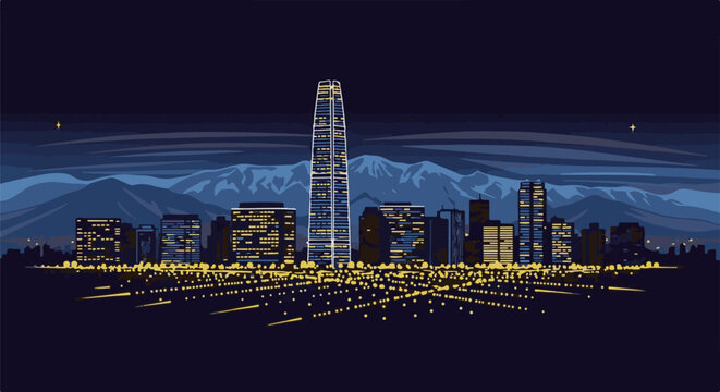 Pixelated nighttime city skyline with distant mountains and a starry sky