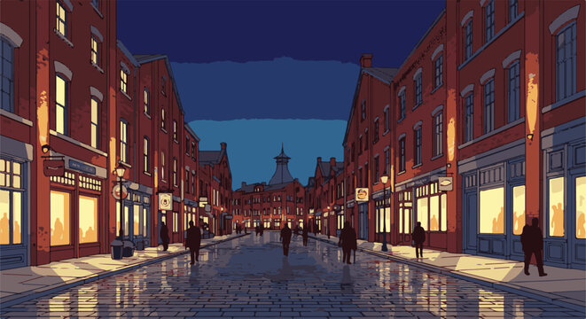 Pixel art of a wet cobblestone street lined with shops at dusk