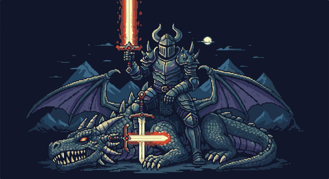 Pixel art knight with glowing sword atop a defeated dragon at night