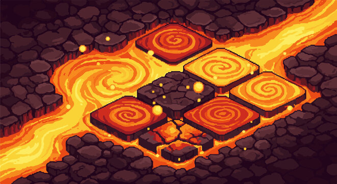 Pixel art lava river with floating stone platforms and swirling patterns