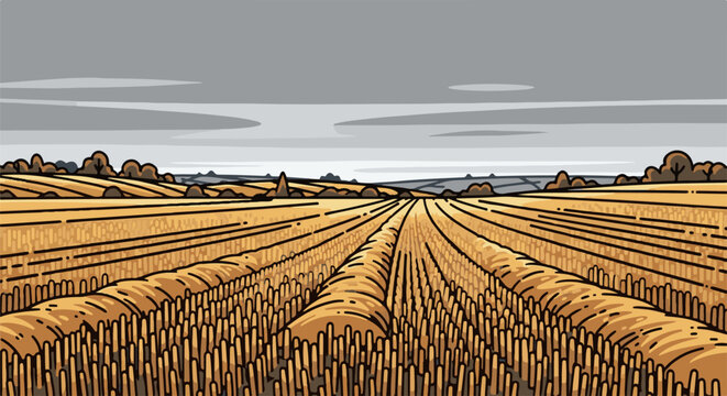 Pixelated autumn field with stubble and rolling hills under grey sky