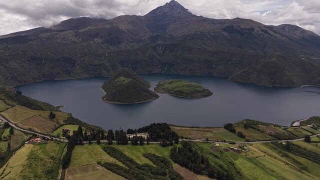 Aerial View of Cuicocha Crater Lake and Islands in Andes Mountains Ecuador