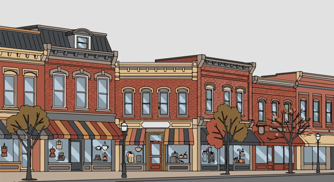 Row of brick buildings with shops and awnings line a street