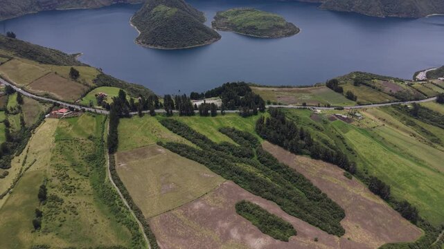 Aerial View of Cuicocha Crater Lake and Islands in Andes Mountains Ecuador