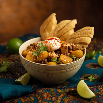 Top view of authentic Indian samosa chana chaat served in a bowl, topped with yogurt, green mint chutney, tamarind sauce, sev, chickpeas, onions, and pomegranate seeds on a light marble background. Po