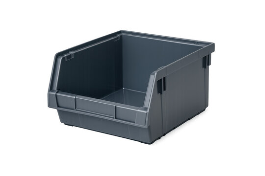 Grey plastic open front storage bin on transparent background