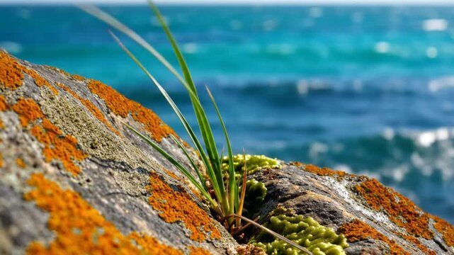 Close-up of rock with orange lichen and small green grass against the backdrop of a blue ocean on a sunny day