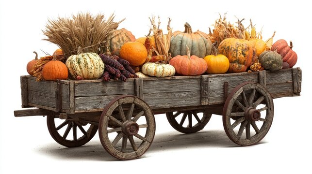 Rustic wooden farm wagon filled with pumpkins corn wheat and autumn harvest produce seasonal agriculture display isolated on white background