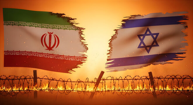 Two national flags, one from Iran and the other from Israel, are prominently displayed side by side with a barbed wire fence and flames in.