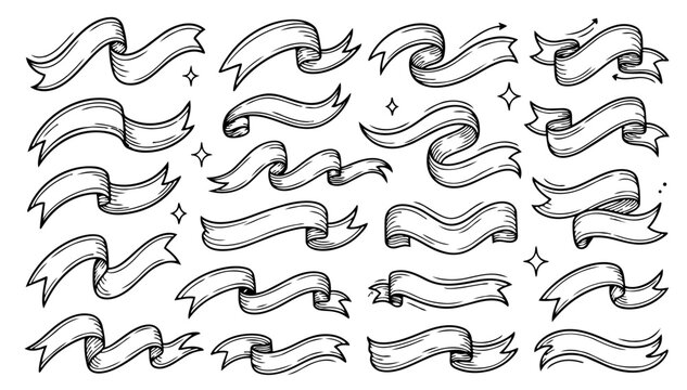 Hand drawn doodle flowing ribbon lines set, fun energetic sketchy ink pen elements with clean black outlines, expressive vector collection, isolated on white background