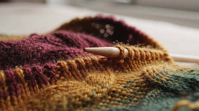 Close up view of knitting project with colorful yarn and wooden needles near window light in cozy setting