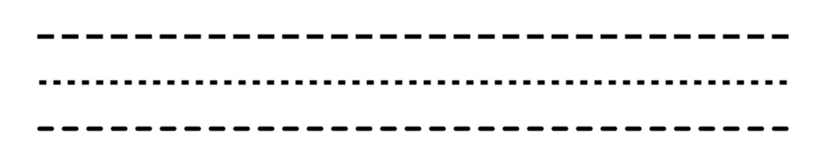 Horizontal long dashed line set with different styles. Straight dash stroke line for design. Vector illustration.