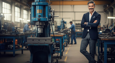 Fototapeta premium Confident Business Man in Suit Stands in Modern Industrial Workshop