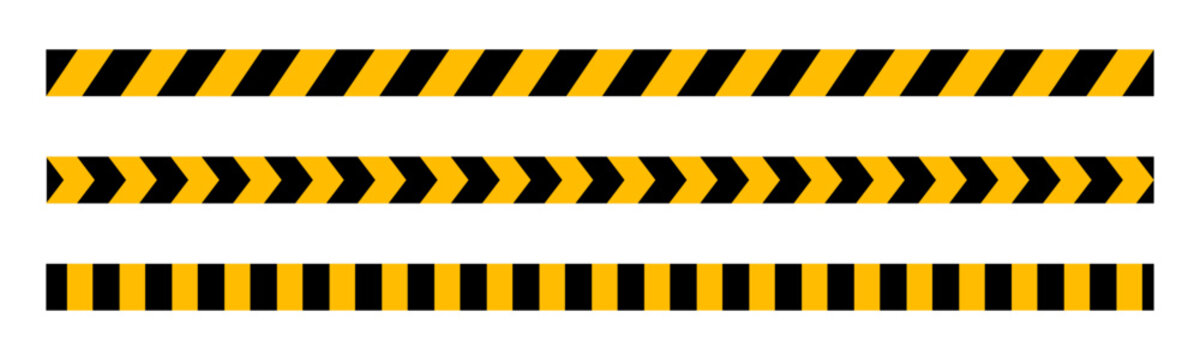 Yellow and black barricade tape vector set. Barricade tape concept of caution for danger area, construction site, road, warning, police check box, do not entry and hazard area.
