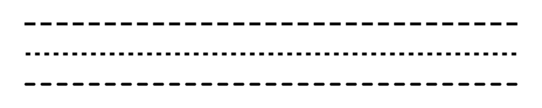 Horizontal long dashed line set with different styles. Straight dash stroke line for design. Vector illustration.