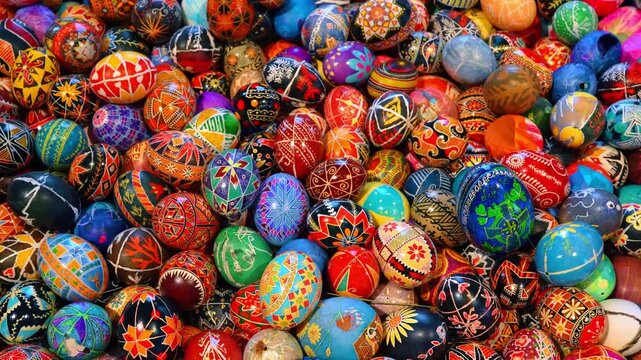 Many traditional Ukrainian Pysanky eggs with geometric patterns. High angle view of a pile of colorful hand-decorated Pysanky eggs with diverse traditional designs in New York City.