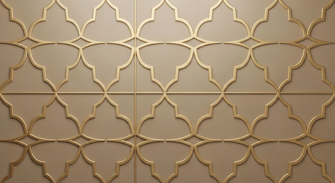 Elegant gold geometric quatrefoil pattern on beige background, luxury interior design, sophisticated texture, seamless decorative element