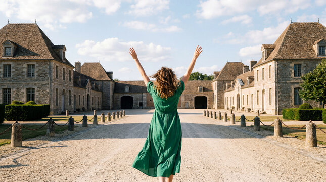 Femme en robe verte levant les bras devant la cour d'un ch&acirc;teau en pierre sous un ciel bleu ensoleill&eacute;