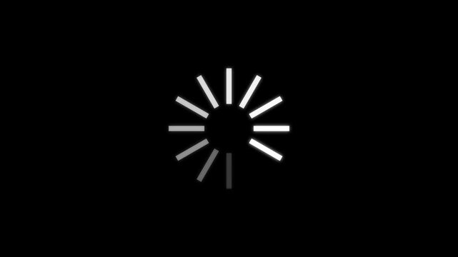 Loading spinner icon with white bars and dark background, representing waiting or buffering on a digital interface. 4K UHD, loading bar, loading wheel