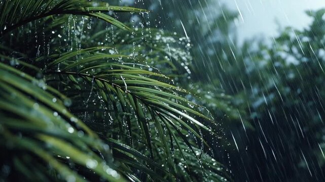 Raindrops fall on lush green tropical palm leaves in a serene natural setting outdoors.