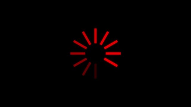 Red loading spinner on black background, progress indicator circle, digital interface element, UI design concept, loading bar, loading wheel, buffering icon