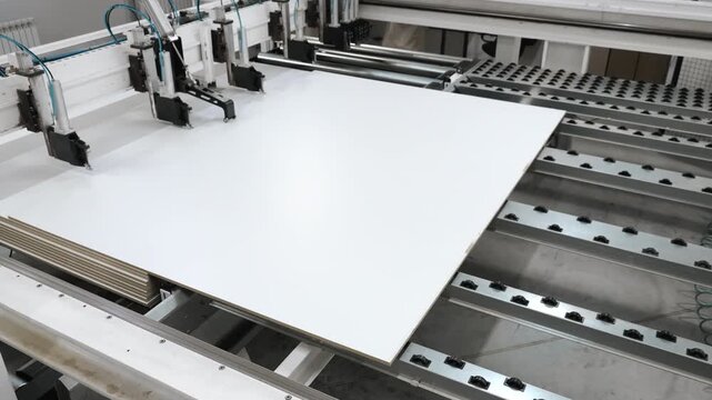 Automated CNC machine handling large wood panel in factory production line woodworking and industrial material processing.